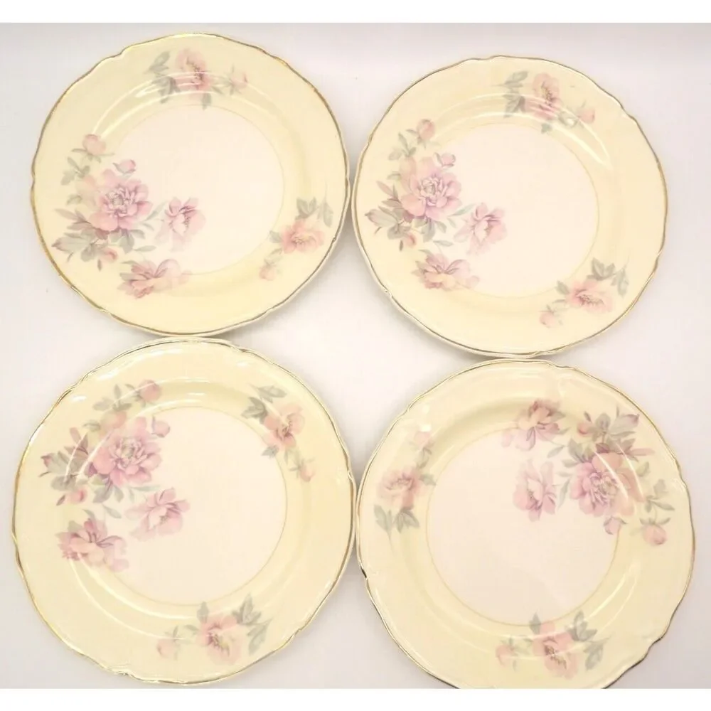 Edwin M Knowles Salad Plate Set of 4 Semi Vitreous Pink Roses 45-3 USA 7 3/8